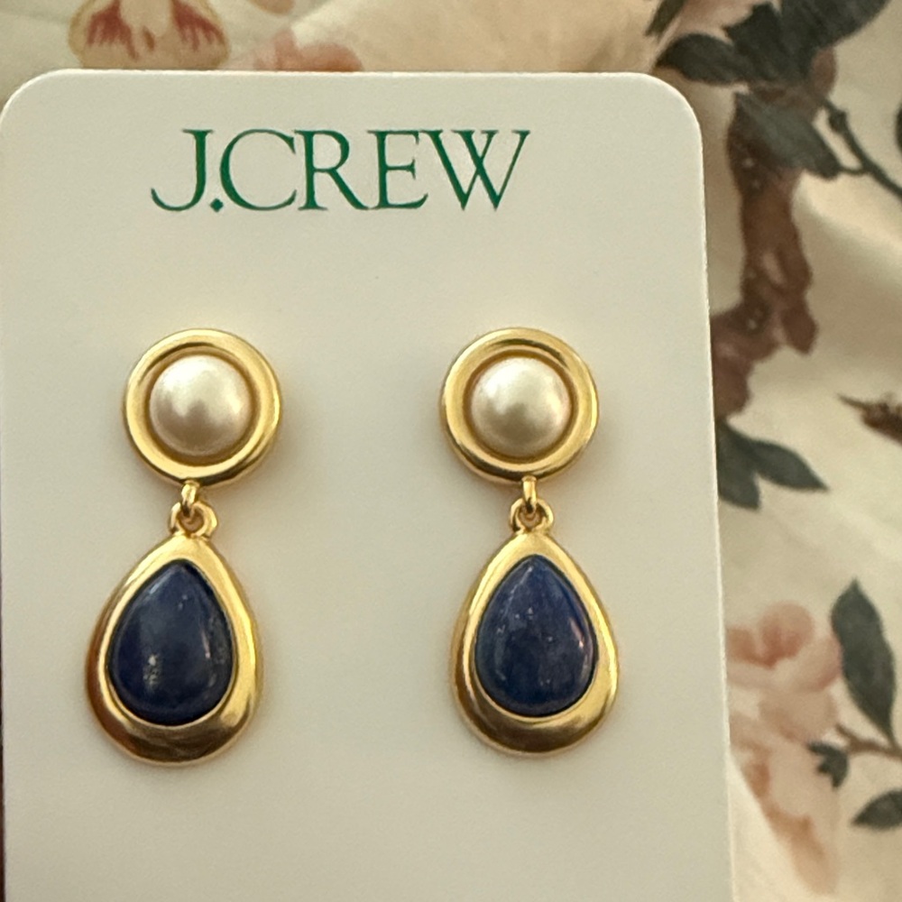 J. Crew Gold and Blue Teardrop Earrings with Pearl